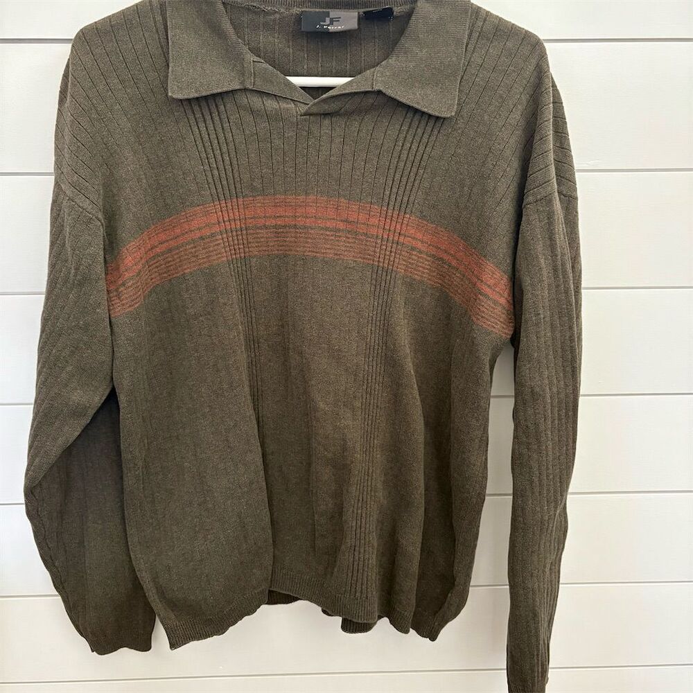J. Ferrar Men's Olive Long Sleeve Polo‎ Sweater Size Large